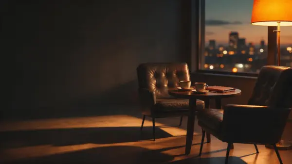 Zwei Ledersessel mit Tisch und zwei Tassen im warmen Abendlicht