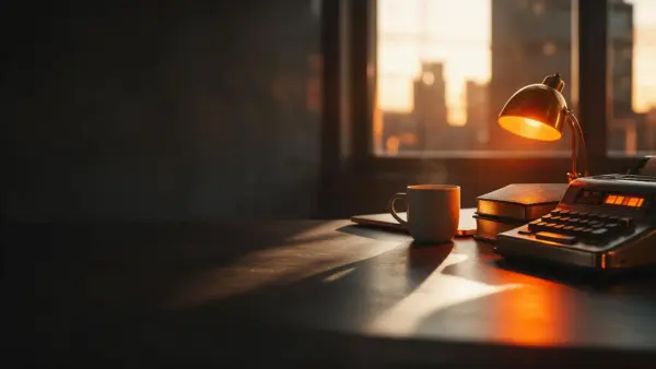 Schreibtisch mit Rechenmaschine, Buechern und Lampe im warmen Abendlicht